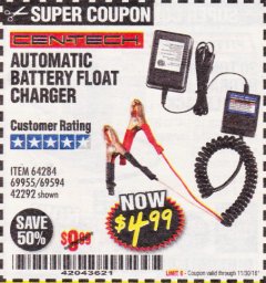 Harbor Freight Coupon AUTOMATIC BATTERY FLOAT CHARGER Lot No. 64284/42292/69594/69955 Expired: 11/30/18 - $4.99