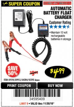 Harbor Freight Coupon AUTOMATIC BATTERY FLOAT CHARGER Lot No. 64284/42292/69594/69955 Expired: 11/30/18 - $4.99
