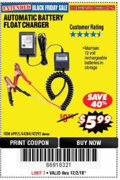 Harbor Freight Coupon AUTOMATIC BATTERY FLOAT CHARGER Lot No. 64284/42292/69594/69955 Expired: 12/2/18 - $5.99