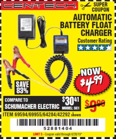 Harbor Freight Coupon AUTOMATIC BATTERY FLOAT CHARGER Lot No. 64284/42292/69594/69955 Expired: 6/28/19 - $4.99