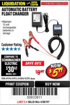 Harbor Freight Coupon AUTOMATIC BATTERY FLOAT CHARGER Lot No. 64284/42292/69594/69955 Expired: 4/30/19 - $5.99
