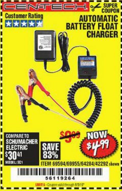 Harbor Freight Coupon AUTOMATIC BATTERY FLOAT CHARGER Lot No. 64284/42292/69594/69955 Expired: 8/5/19 - $4.99