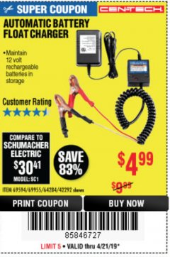 Harbor Freight Coupon AUTOMATIC BATTERY FLOAT CHARGER Lot No. 64284/42292/69594/69955 Expired: 4/21/19 - $4.99
