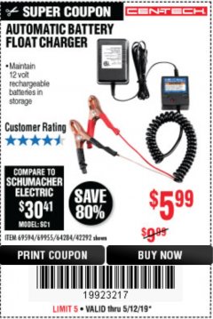 Harbor Freight Coupon AUTOMATIC BATTERY FLOAT CHARGER Lot No. 64284/42292/69594/69955 Expired: 5/12/19 - $5.99