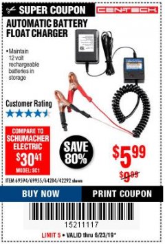 Harbor Freight Coupon AUTOMATIC BATTERY FLOAT CHARGER Lot No. 64284/42292/69594/69955 Expired: 6/23/19 - $5.99
