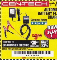 Harbor Freight Coupon AUTOMATIC BATTERY FLOAT CHARGER Lot No. 64284/42292/69594/69955 Expired: 11/2/19 - $4.99