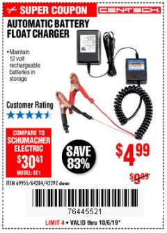 Harbor Freight Coupon AUTOMATIC BATTERY FLOAT CHARGER Lot No. 64284/42292/69594/69955 Expired: 10/6/19 - $4.99