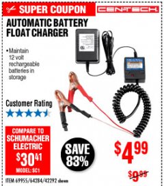 Harbor Freight Coupon AUTOMATIC BATTERY FLOAT CHARGER Lot No. 64284/42292/69594/69955 Expired: 10/4/19 - $4.99
