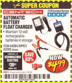 Harbor Freight Coupon AUTOMATIC BATTERY FLOAT CHARGER Lot No. 64284/42292/69594/69955 Expired: 11/30/19 - $4.99