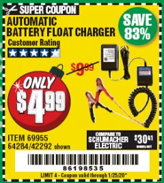 Harbor Freight Coupon AUTOMATIC BATTERY FLOAT CHARGER Lot No. 64284/42292/69594/69955 Expired: 1/25/20 - $4.99