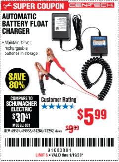 Harbor Freight Coupon AUTOMATIC BATTERY FLOAT CHARGER Lot No. 64284/42292/69594/69955 Expired: 1/19/20 - $5.99