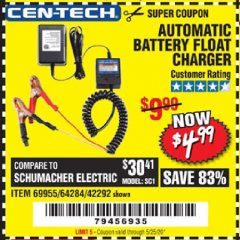 Harbor Freight Coupon AUTOMATIC BATTERY FLOAT CHARGER Lot No. 64284/42292/69594/69955 Expired: 6/30/20 - $4.99