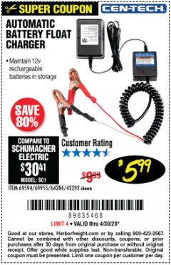 Harbor Freight Coupon AUTOMATIC BATTERY FLOAT CHARGER Lot No. 64284/42292/69594/69955 Expired: 6/30/20 - $5.99
