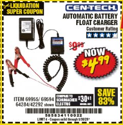 Harbor Freight Coupon AUTOMATIC BATTERY FLOAT CHARGER Lot No. 64284/42292/69594/69955 Expired: 6/30/20 - $4.99