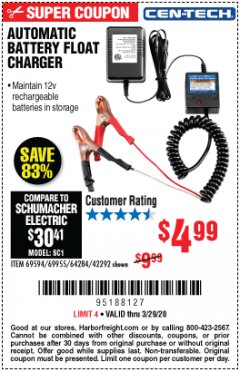 Harbor Freight Coupon AUTOMATIC BATTERY FLOAT CHARGER Lot No. 64284/42292/69594/69955 Expired: 3/29/20 - $4.99