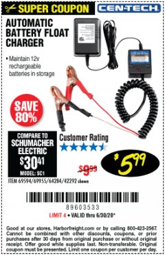 Harbor Freight Coupon AUTOMATIC BATTERY FLOAT CHARGER Lot No. 64284/42292/69594/69955 Expired: 6/30/20 - $5.99
