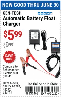 Harbor Freight Coupon AUTOMATIC BATTERY FLOAT CHARGER Lot No. 64284/42292/69594/69955 Expired: 6/30/20 - $5.99