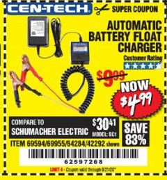 Harbor Freight Coupon AUTOMATIC BATTERY FLOAT CHARGER Lot No. 64284/42292/69594/69955 Expired: 6/21/20 - $4.99