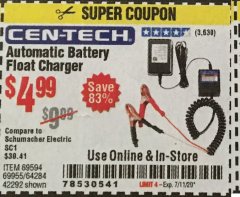 Harbor Freight Coupon AUTOMATIC BATTERY FLOAT CHARGER Lot No. 64284/42292/69594/69955 Expired: 7/11/20 - $4.99