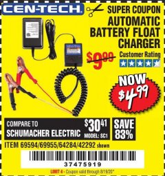 Harbor Freight Coupon AUTOMATIC BATTERY FLOAT CHARGER Lot No. 64284/42292/69594/69955 Expired: 8/19/20 - $4.99