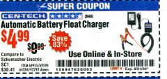 Harbor Freight Coupon AUTOMATIC BATTERY FLOAT CHARGER Lot No. 64284/42292/69594/69955 Expired: 8/21/20 - $4.99