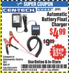 Harbor Freight Coupon AUTOMATIC BATTERY FLOAT CHARGER Lot No. 64284/42292/69594/69955 Expired: 9/24/20 - $4.99