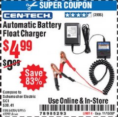 Harbor Freight Coupon AUTOMATIC BATTERY FLOAT CHARGER Lot No. 64284/42292/69594/69955 Expired: 11/13/20 - $4.99