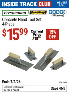 Harbor Freight ITC Coupon PITTSBURGH CONCRETE HAND TOOL SET, 4-PIECE Lot No. 35433 Dates Valid: 12/31/69 - 7/2/26 - $15.99