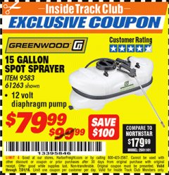 Harbor Freight ITC Coupon 12 VOLT, 15 GALLON SPOT SPRAYER Lot No. 9583/61263 Expired: 7/31/18 - $79.99