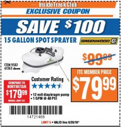 Harbor Freight ITC Coupon 12 VOLT, 15 GALLON SPOT SPRAYER Lot No. 9583/61263 Expired: 8/28/18 - $79.99