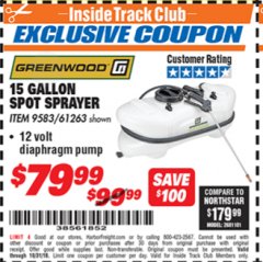 Harbor Freight ITC Coupon 12 VOLT, 15 GALLON SPOT SPRAYER Lot No. 9583/61263 Expired: 10/31/18 - $79.99