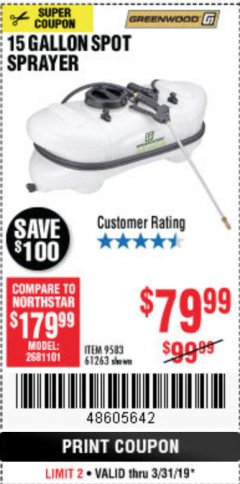 Harbor Freight Coupon 12 VOLT, 15 GALLON SPOT SPRAYER Lot No. 9583/61263 Expired: 3/31/19 - $79.99