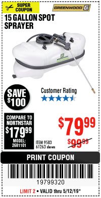 Harbor Freight Coupon 12 VOLT, 15 GALLON SPOT SPRAYER Lot No. 9583/61263 Expired: 5/12/19 - $79.99