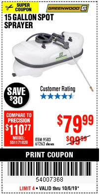 Harbor Freight Coupon 12 VOLT, 15 GALLON SPOT SPRAYER Lot No. 9583/61263 Expired: 10/6/19 - $79.99