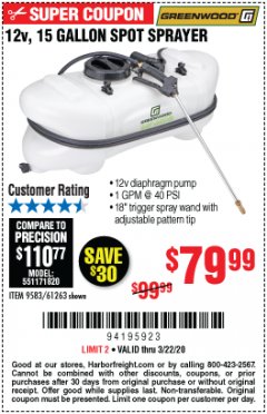 Harbor Freight Coupon 12 VOLT, 15 GALLON SPOT SPRAYER Lot No. 9583/61263 Expired: 3/22/20 - $79.99