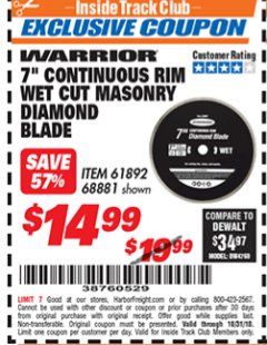 Harbor Freight ITC Coupon 7" CONTINUOUS RIM WET CUT MASONRY DIAMOND BLADE Lot No. 61892/68881 Expired: 10/31/18 - $14.99