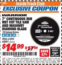 Harbor Freight ITC Coupon 7" CONTINUOUS RIM WET CUT MASONRY DIAMOND BLADE Lot No. 61892/68881 Expired: 12/31/18 - $0