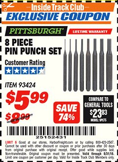Harbor Freight ITC Coupon 8 PIECE PIN PUNCH SET Lot No. 32959/56348/93424 Expired: 8/31/18 - $5.99