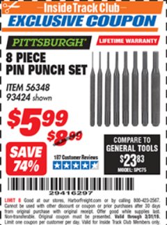 Harbor Freight ITC Coupon PITTSBURGH PIN PUNCH SET, 8-PIECE Lot No. 93424 Expired: 3/31/19 - $5.99