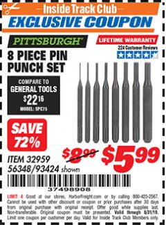 Harbor Freight ITC Coupon 8 PIECE PIN PUNCH SET Lot No. 32959/56348/93424 Expired: 8/31/19 - $5.99