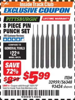 Harbor Freight ITC Coupon 8 PIECE PIN PUNCH SET Lot No. 32959/56348/93424 Expired: 10/31/19 - $5.99