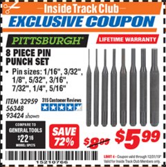 Harbor Freight ITC Coupon 8 PIECE PIN PUNCH SET Lot No. 32959/56348/93424 Expired: 12/31/19 - $5.99