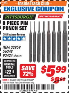 Harbor Freight ITC Coupon 8 PIECE PIN PUNCH SET Lot No. 32959/56348/93424 Expired: 4/30/20 - $5.99