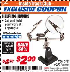 Harbor Freight ITC Coupon HELPING HANDS Lot No. 319/60501 Expired: 9/30/19 - $2.99