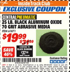 Harbor Freight ITC Coupon 20 LB. 70 GRIT ALUMINUM OXIDE ABRASIVE Lot No. 61871 Expired: 8/31/18 - $19.99