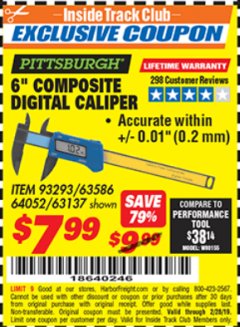 Harbor Freight ITC Coupon 6" COMPOSITE DIGITAL CALIPER Lot No. 63137/64052/63586 Expired: 2/28/19 - $7.99