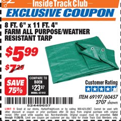 Harbor Freight ITC Coupon 8 FT. 6" x 11 FT. 4" FARM QUALITY TARP Lot No. 2707/60457/69197 Expired: 11/30/18 - $5.99