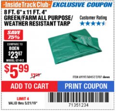 Harbor Freight ITC Coupon 8 FT. 6" x 11 FT. 4" FARM QUALITY TARP Lot No. 2707/60457/69197 Expired: 5/21/19 - $5.99