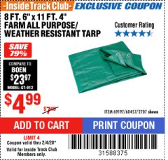 Harbor Freight ITC Coupon 8 FT. 6" x 11 FT. 4" FARM QUALITY TARP Lot No. 2707/60457/69197 Expired: 2/4/20 - $4.99