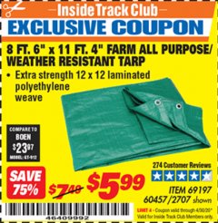 Harbor Freight ITC Coupon 8 FT. 6" x 11 FT. 4" FARM QUALITY TARP Lot No. 2707/60457/69197 Expired: 4/30/20 - $5.99